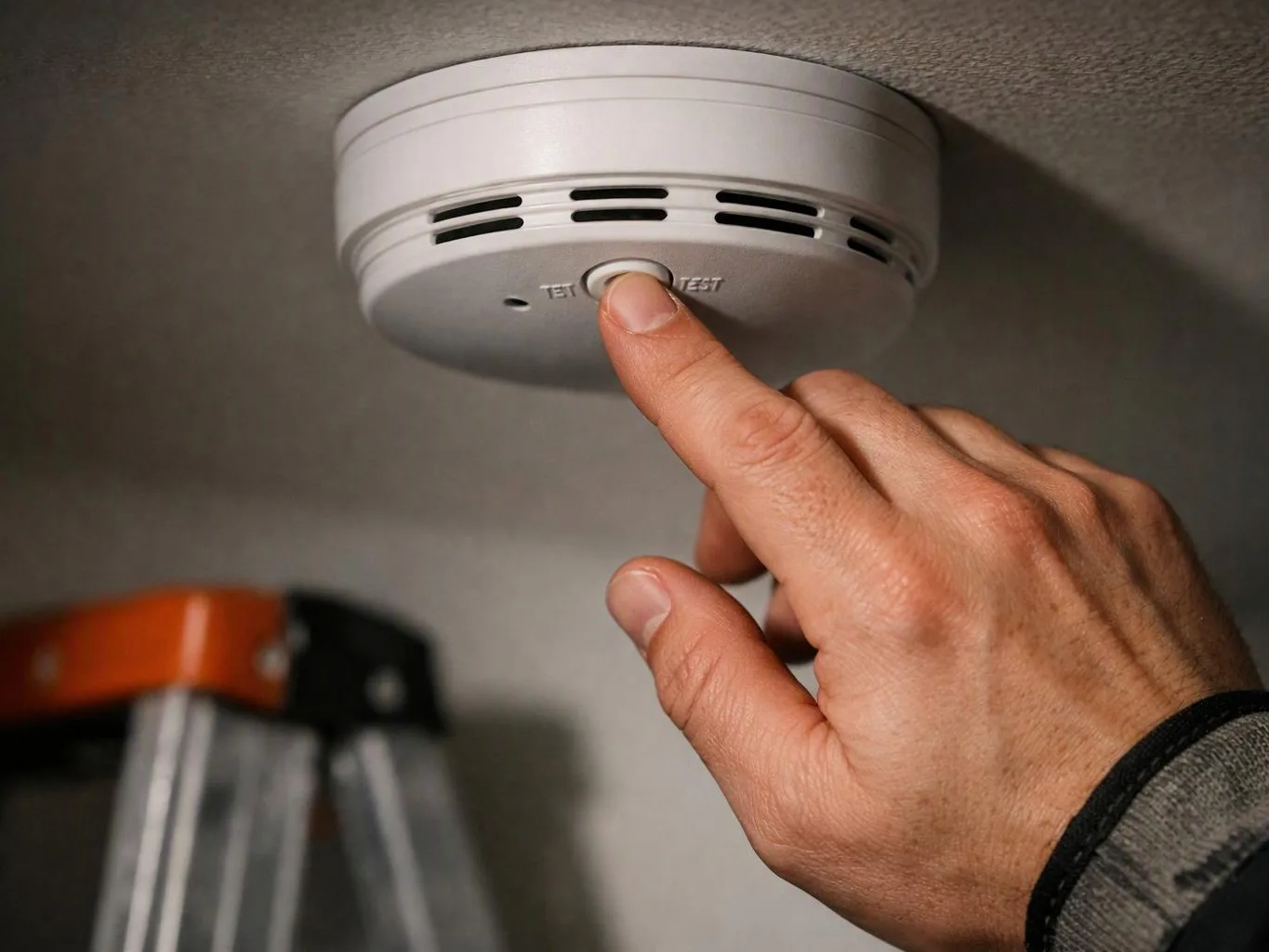 A hand presses the test button on a ceiling smoke alarm, with a ladder blurred below