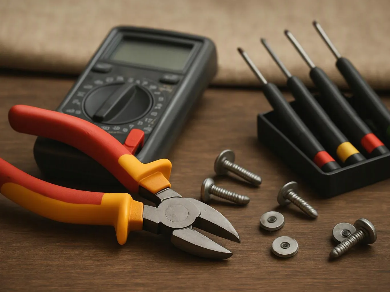 Hand tools, a digital multimeter, screws, and washers are arranged on a wooden work surface