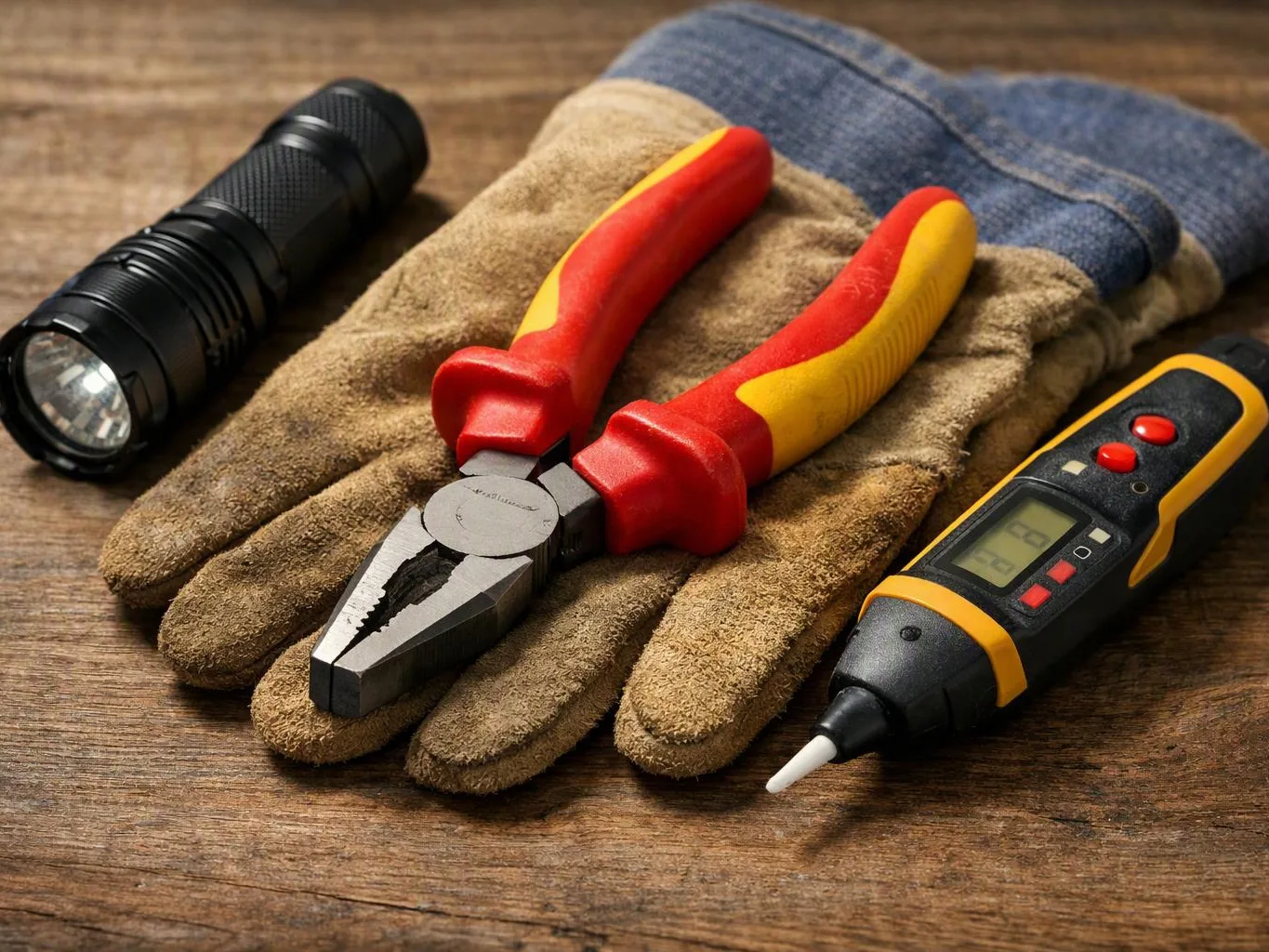 Hand tools, a flashlight, and a voltage tester rest on leather work gloves on a wooden table