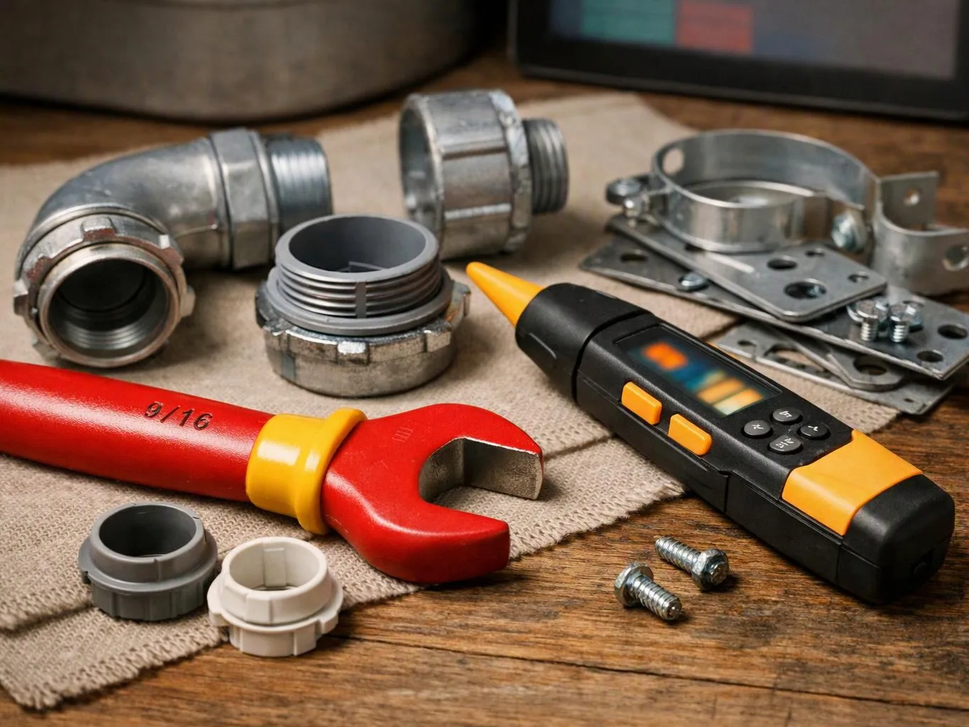 Hand tools, metal conduit fittings, and a digital tester lie on a wooden work surface with a cloth mat
