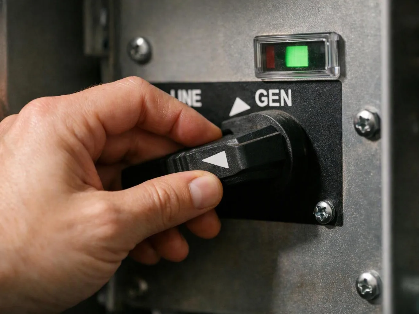 A hand turns a selector switch on a metal control panel with green indicator lights and labeled settings