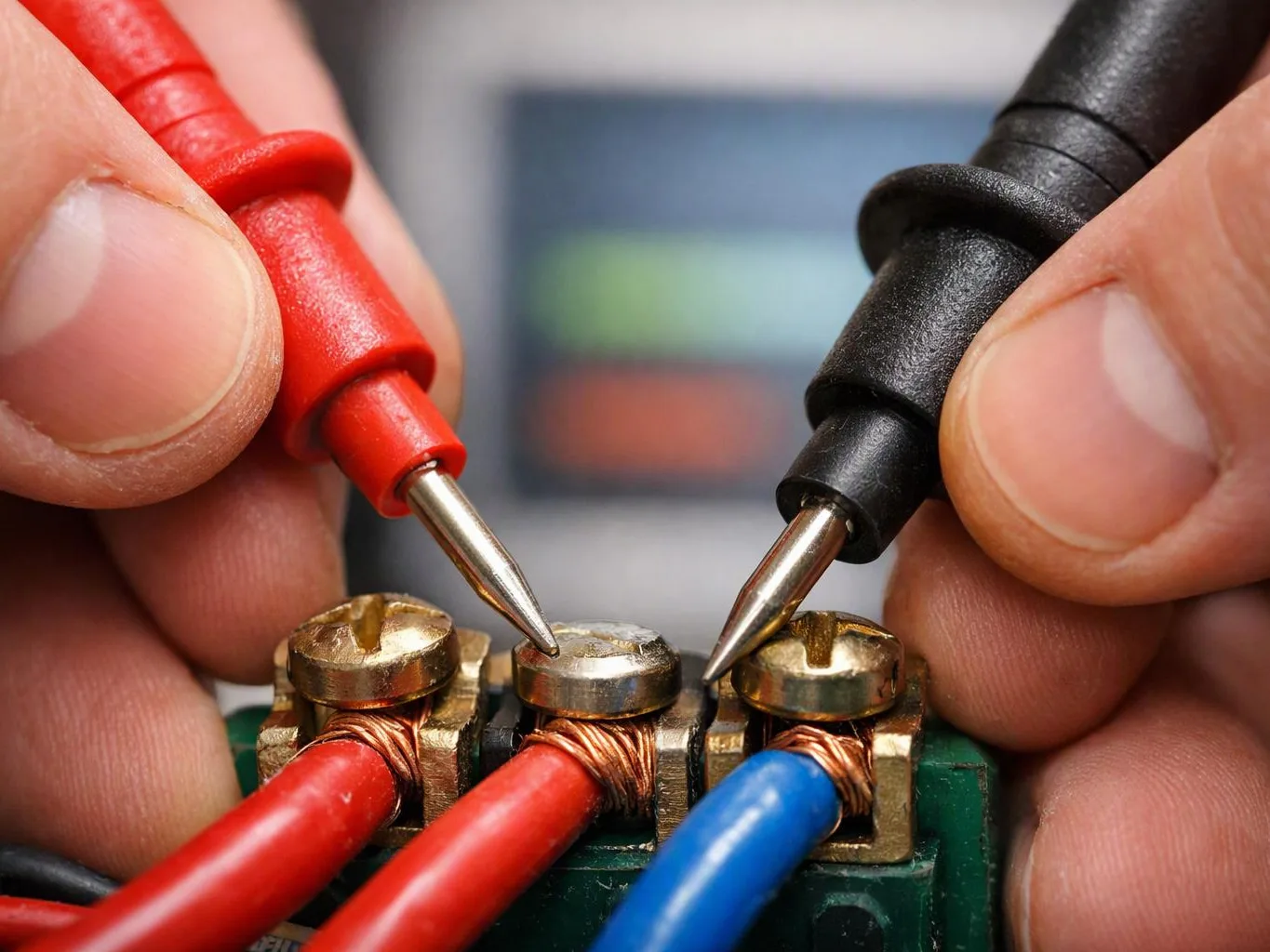 Hands hold red and black probes touching screw terminals on a small circuit board in a close-up test setup