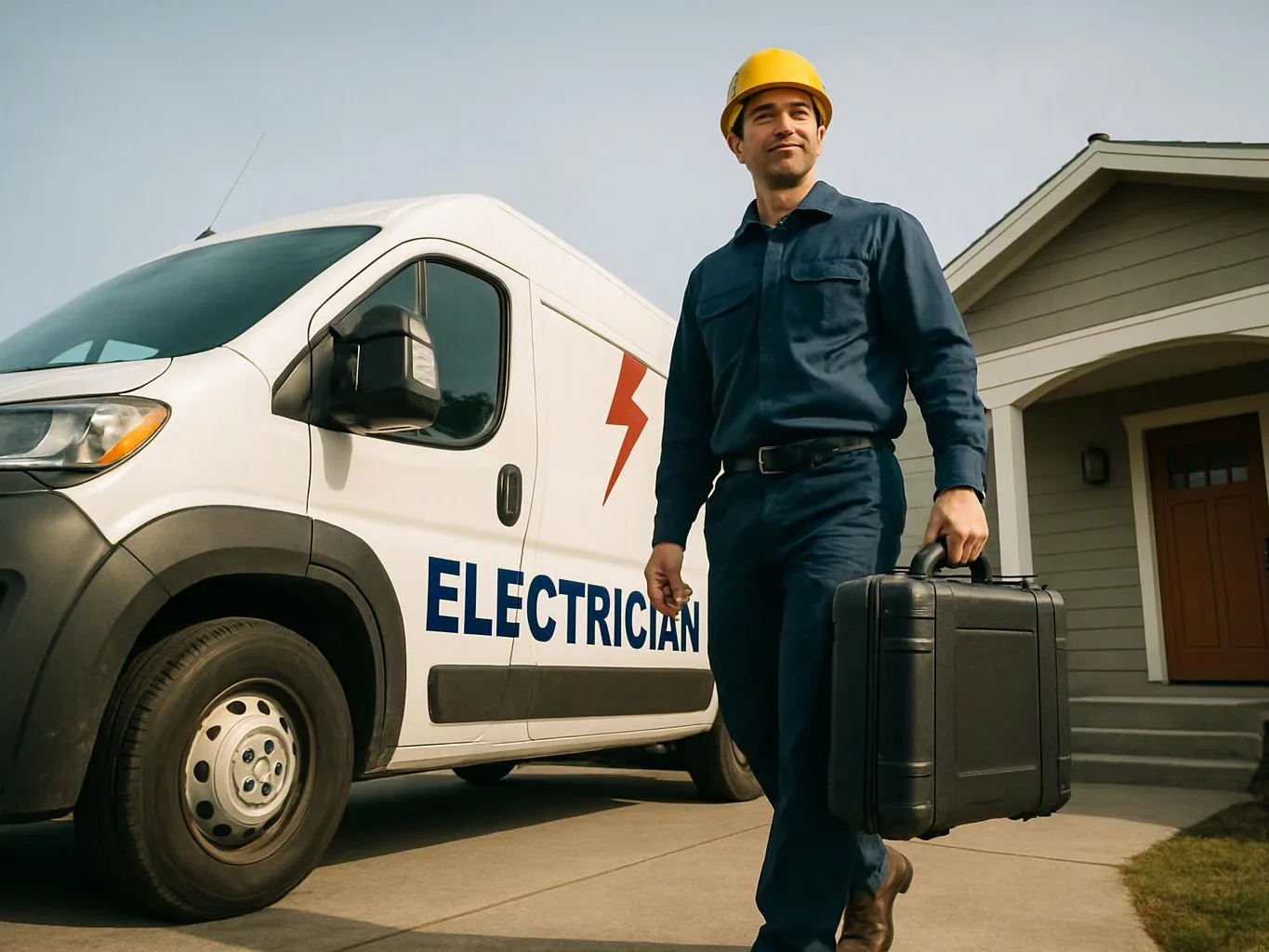 A hard hat electrician walks beside a white service van and carries a black toolbox outside a house