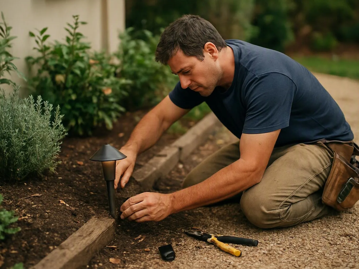 A man kneels outdoors beside a garden bed, installing a black path light with tools nearby