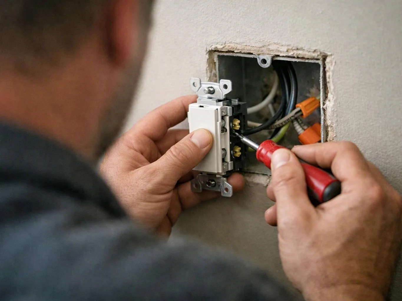 A person installs a wall light switch with a screwdriver, exposing wires inside the open electrical box