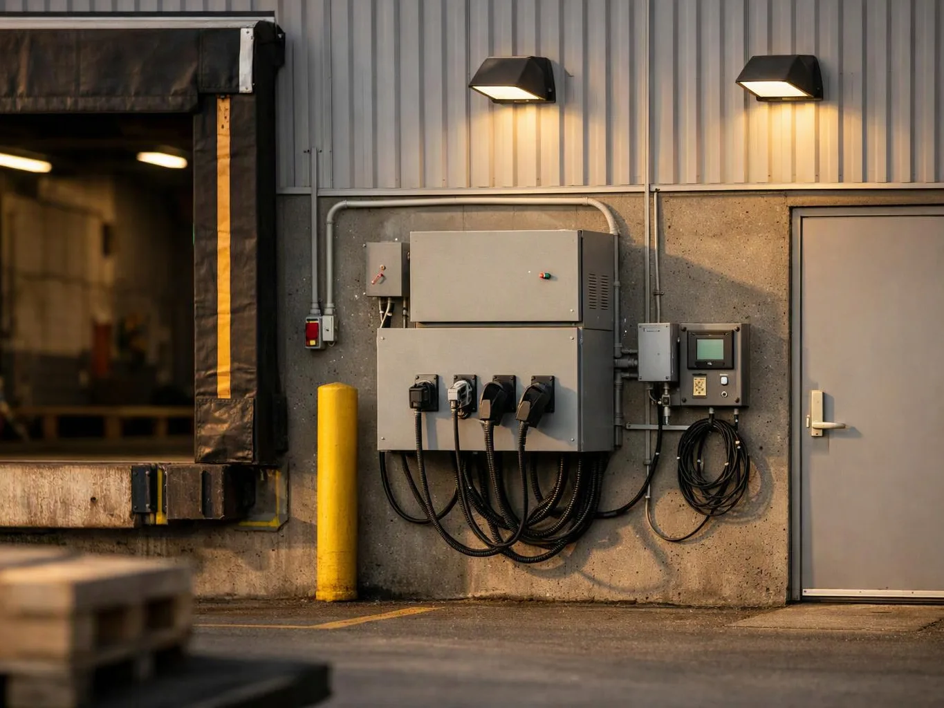Industrial wall with electrical boxes, charging cables, and a gray service door beside a loading dock
