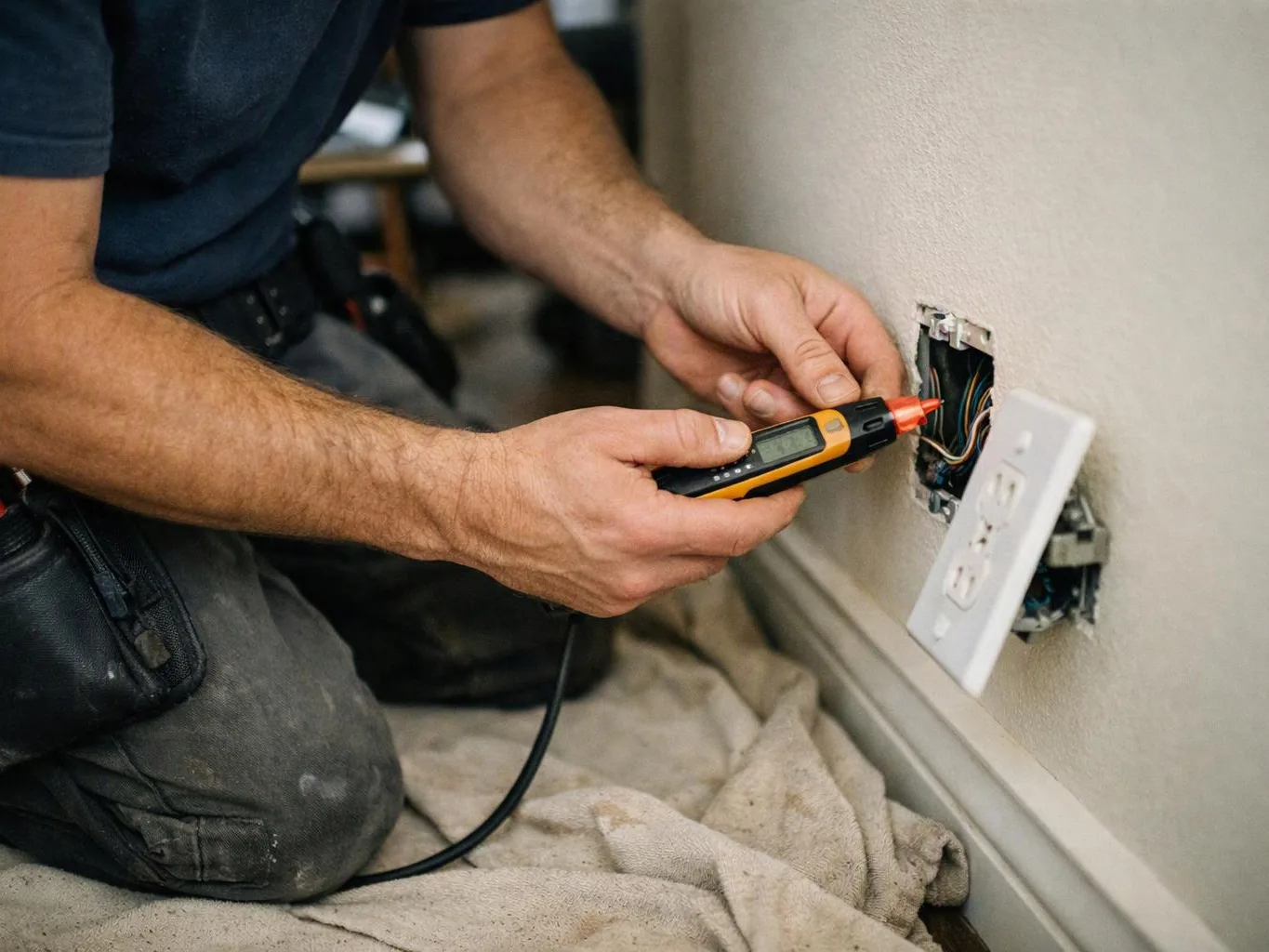 A kneeling electrician tests exposed wall wiring with a handheld meter beside an open outlet box