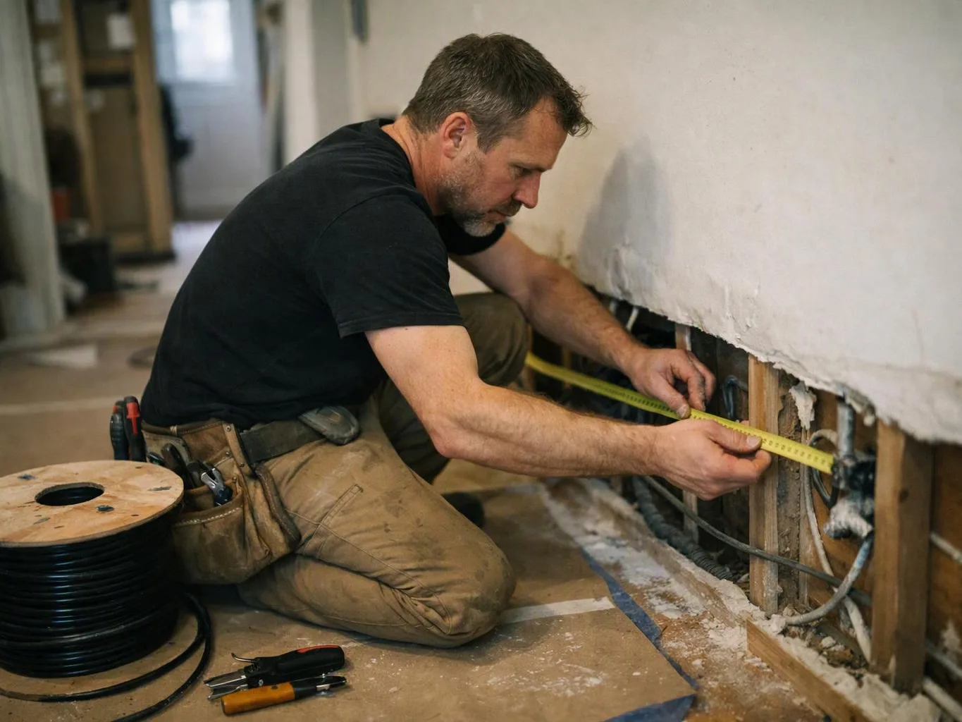 A kneeling man measures exposed wall wiring with a tape measure in a unfinished room