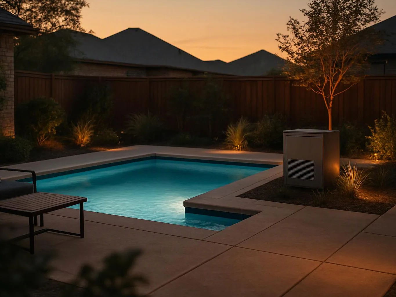 A lit backyard pool sits beside a patio, fence, trees, and a bench at sunset