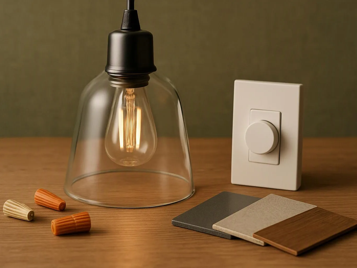 A lit pendant bulb sits under a clear glass shade beside a wall dimmer and sample material swatches