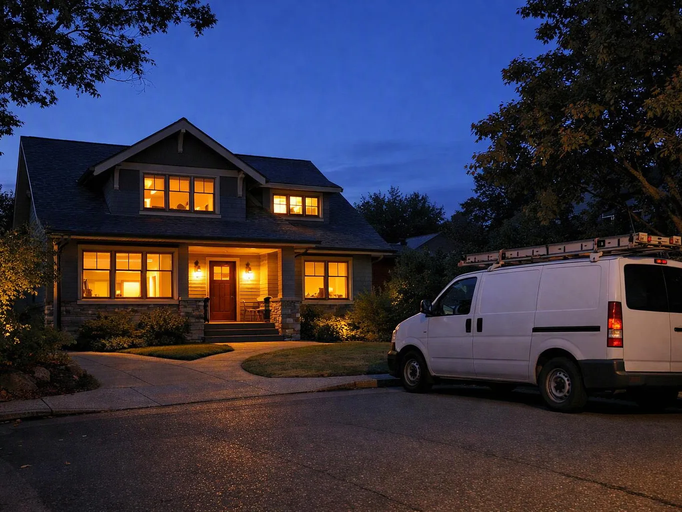 A lit suburban house at dusk with a white work van parked on the street nearby