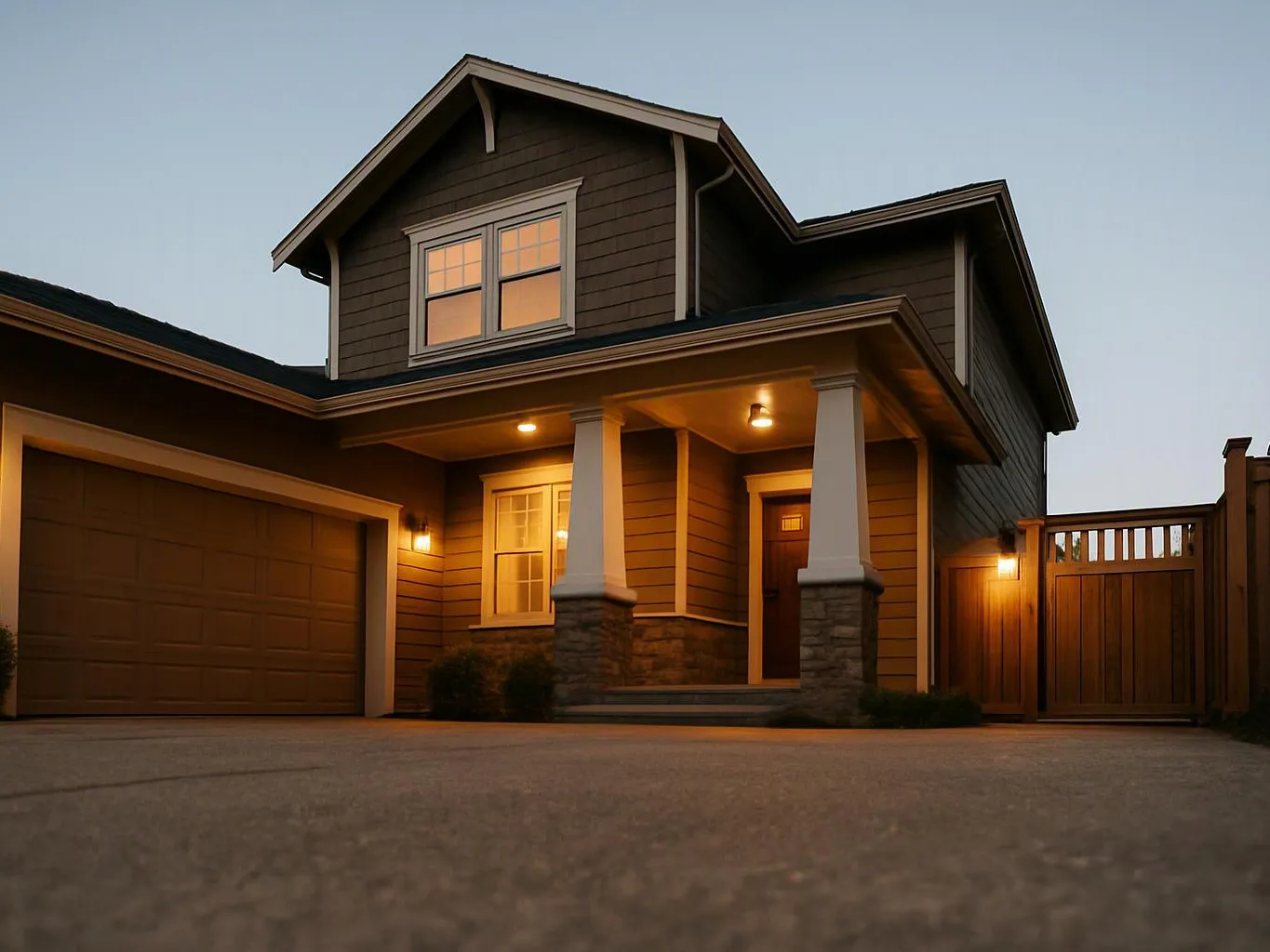 A lit suburban house with a garage, front porch, and wooden gate sits at dusk