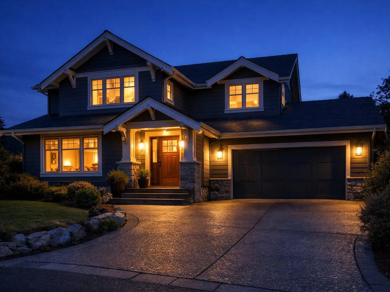 A lit two-story house with a garage sits at dusk behind a wet driveway