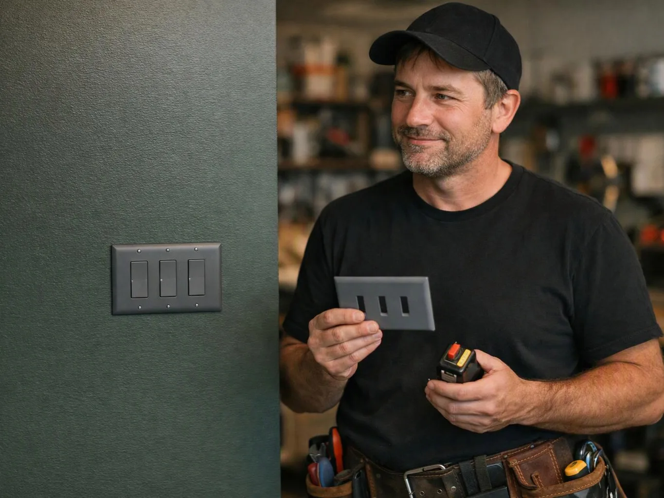 A man in a black cap holds a light switch plate beside a dark green wall in a workshop