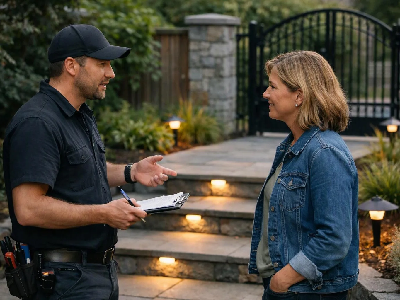 A man in a black cap talks to a woman on a stone path outside a gated yard