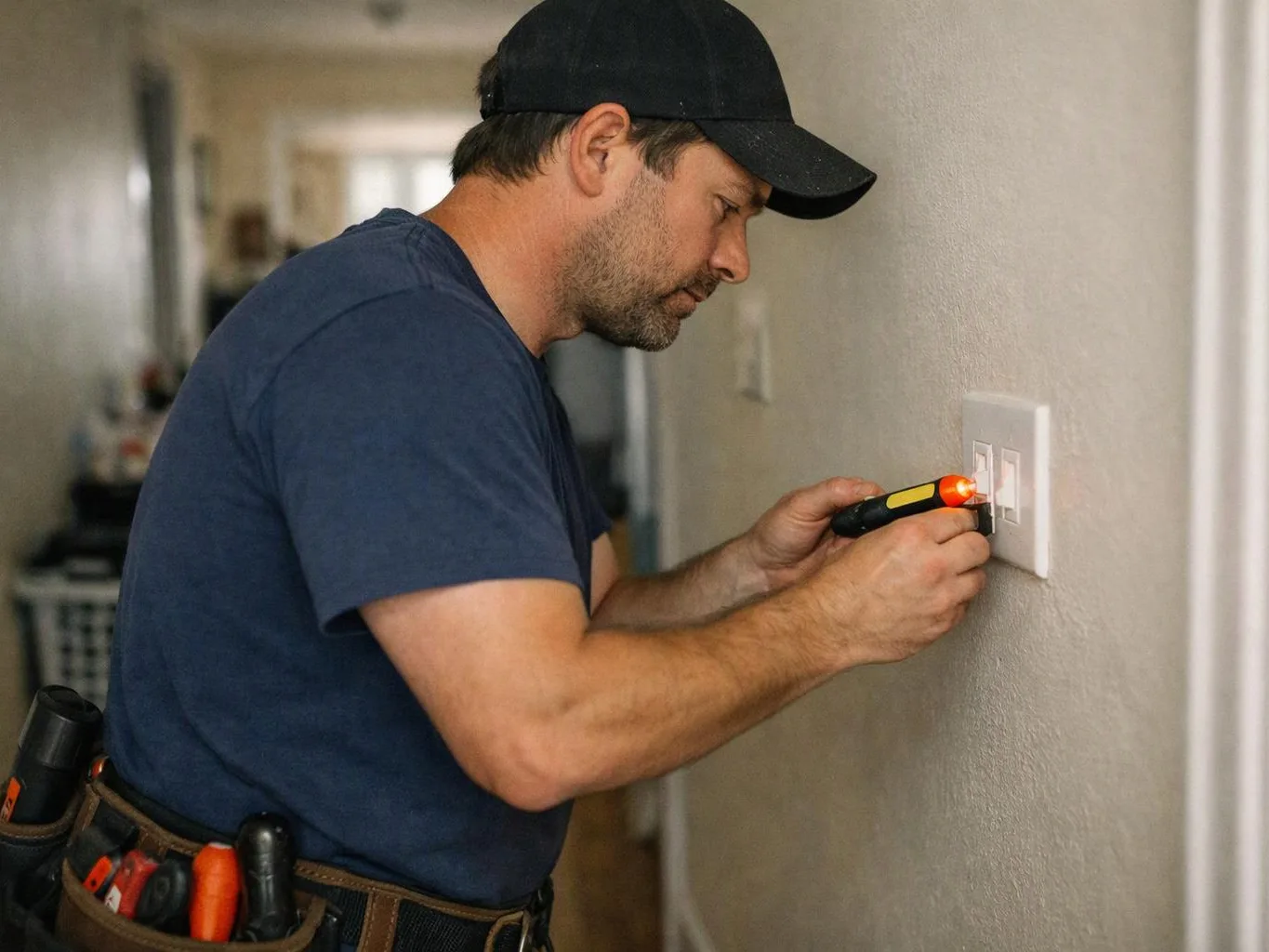 A man in a black cap uses a voltage tester on a wall switch inside a hallway