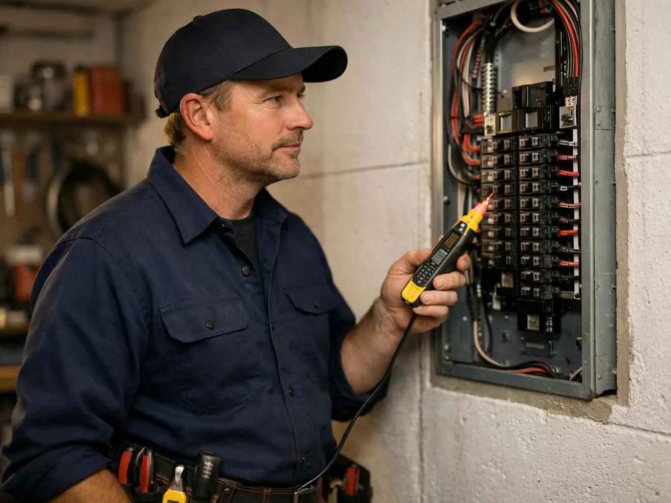 A man in a cap checks an electrical breaker panel with a voltage tester in a workshop-like room