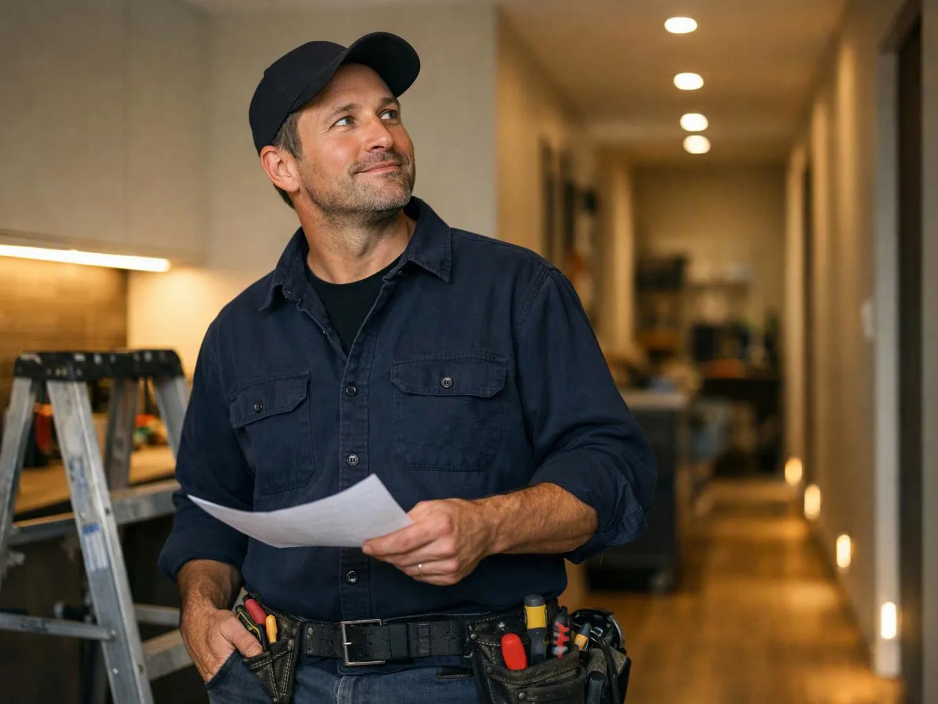 A man in a cap holds a paper and stands by a ladder in a lit hallway