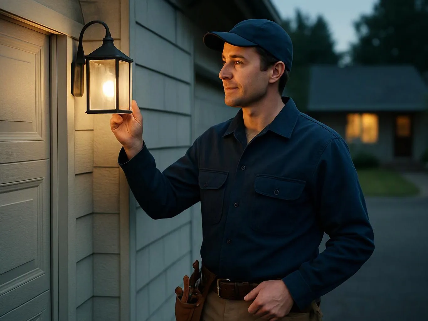 A man in a cap inspects a lit porch lantern beside a house at dusk