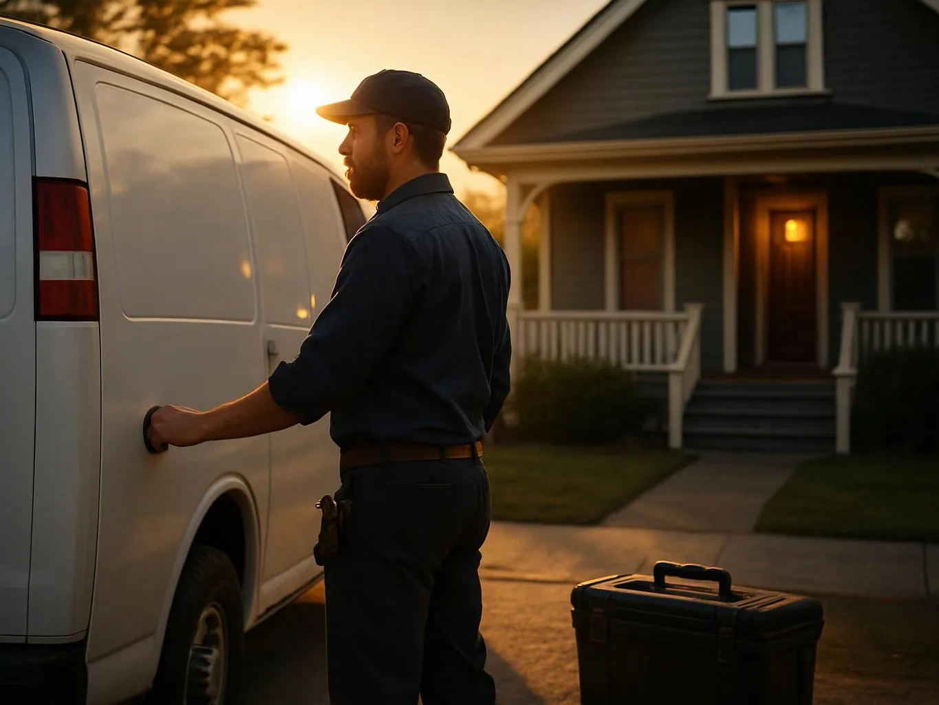 A man in a cap opens a white van beside a house at sunset, with a toolbox on the driveway