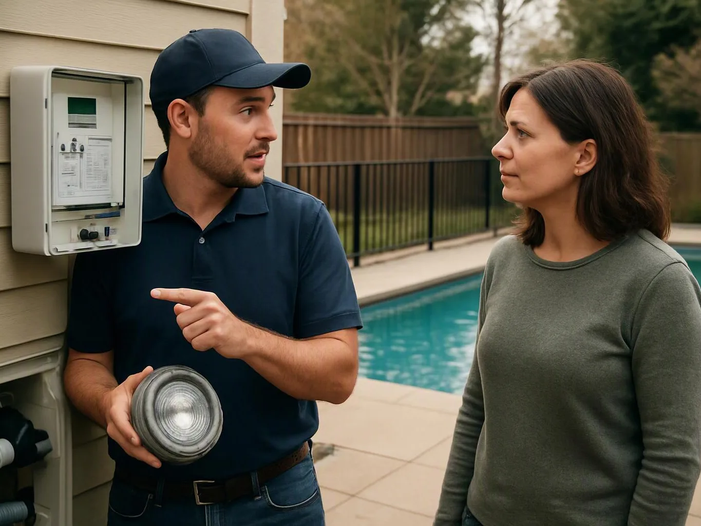 A man in a cap points at a wall panel while talking to a woman beside a backyard pool