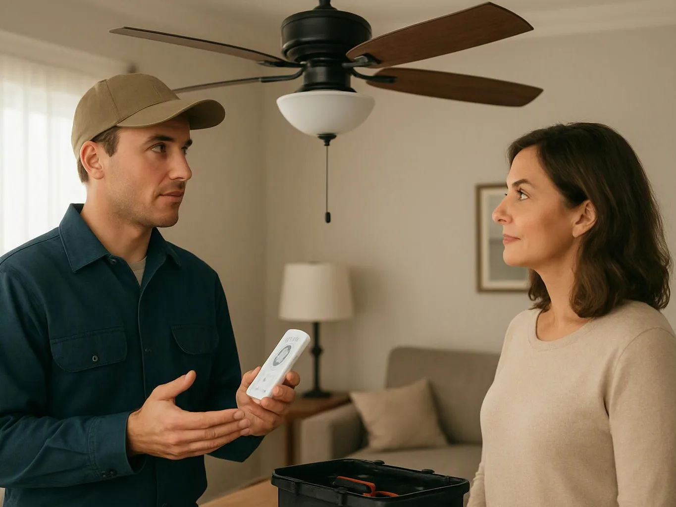 A man in a cap shows a remote to a woman beside an open toolbox in a living room