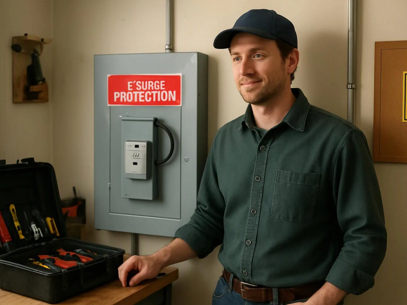 A man in a cap stands beside an electrical panel labeled surge protection, with tools in an open case nearby