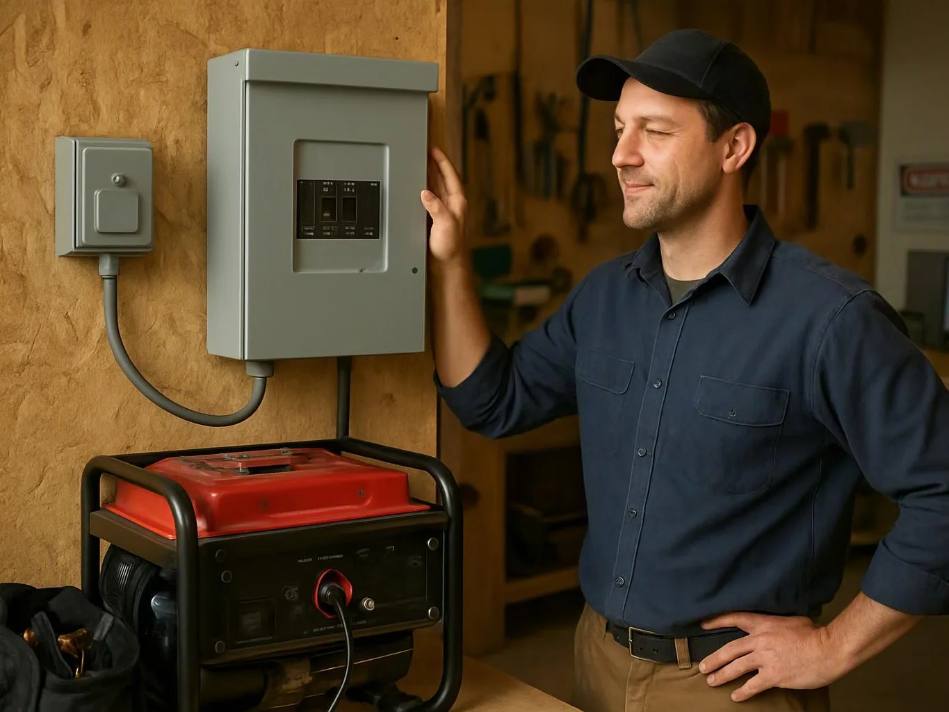 A man in a cap stands beside a wall-mounted electrical panel and a portable generator in a workshop