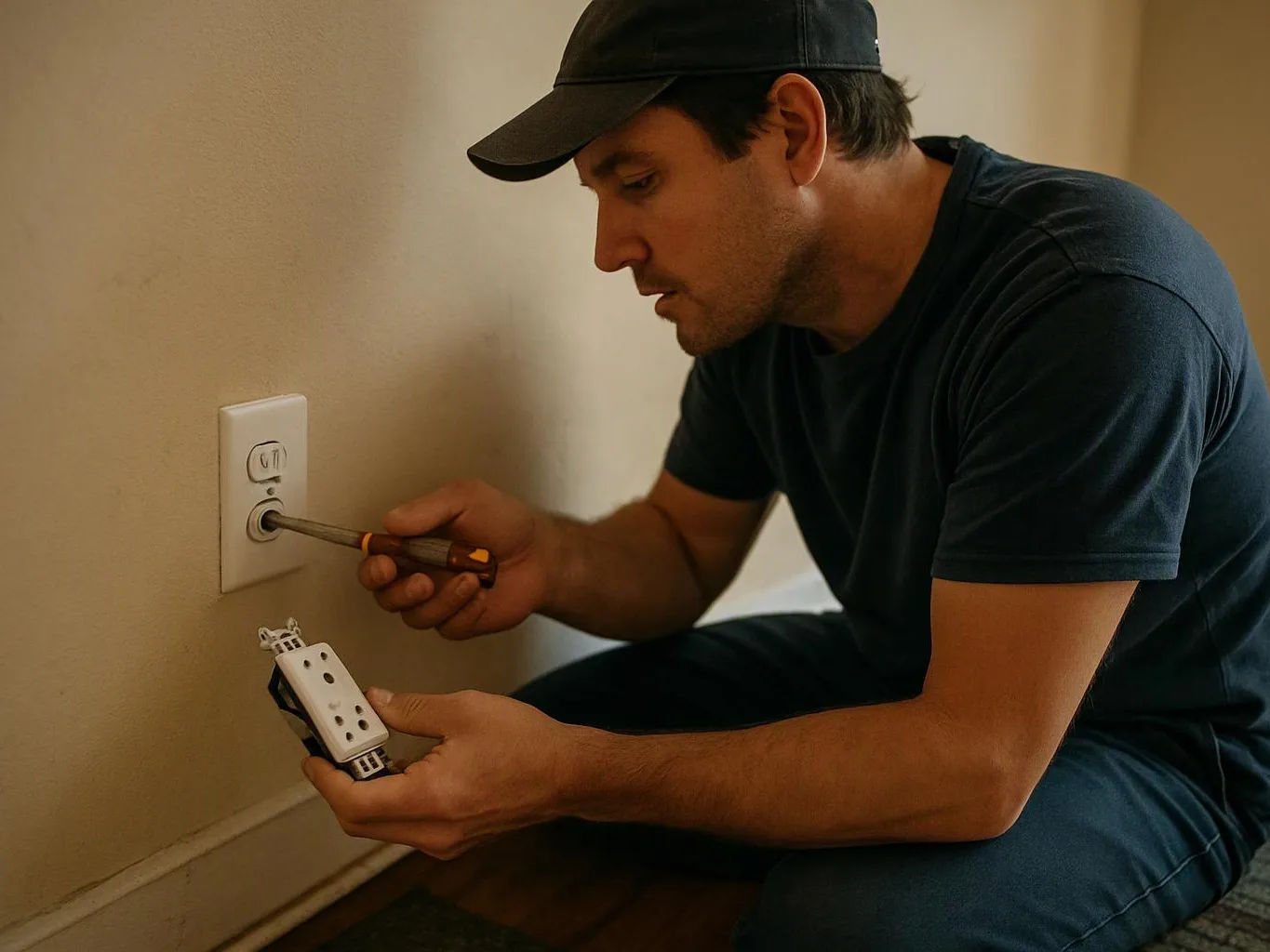 A man in a cap works on a wall outlet with a screwdriver while holding a switch cover
