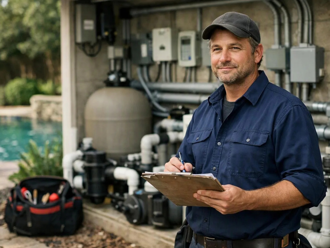 A man in a cap writes on a clipboard beside pool equipment and pipes outdoors
