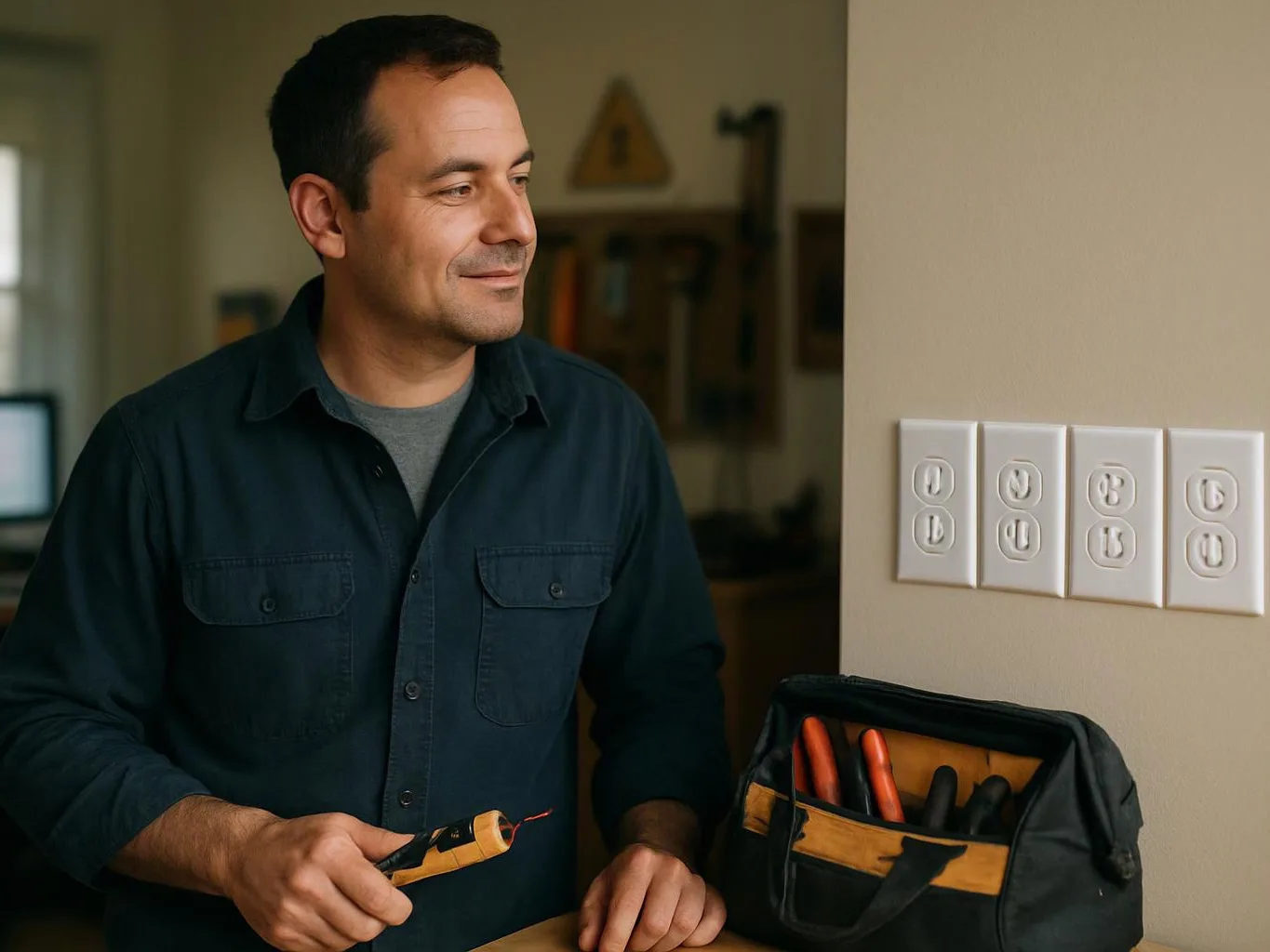 A man holds a wire tester beside a tool bag near wall outlets in a home interior
