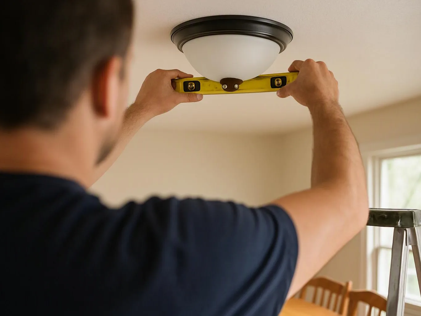 A man holds a yellow level under a ceiling light while standing on a ladder in a room