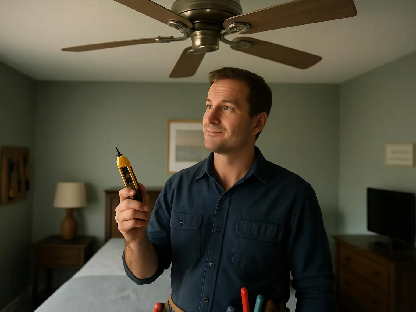 A man holds a yellow tester tool in a bedroom under a ceiling fan