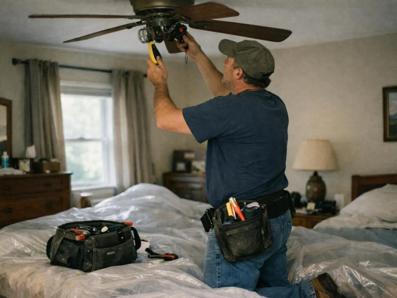A man kneels on a bed, fixing a ceiling fan with tools in a bedroom