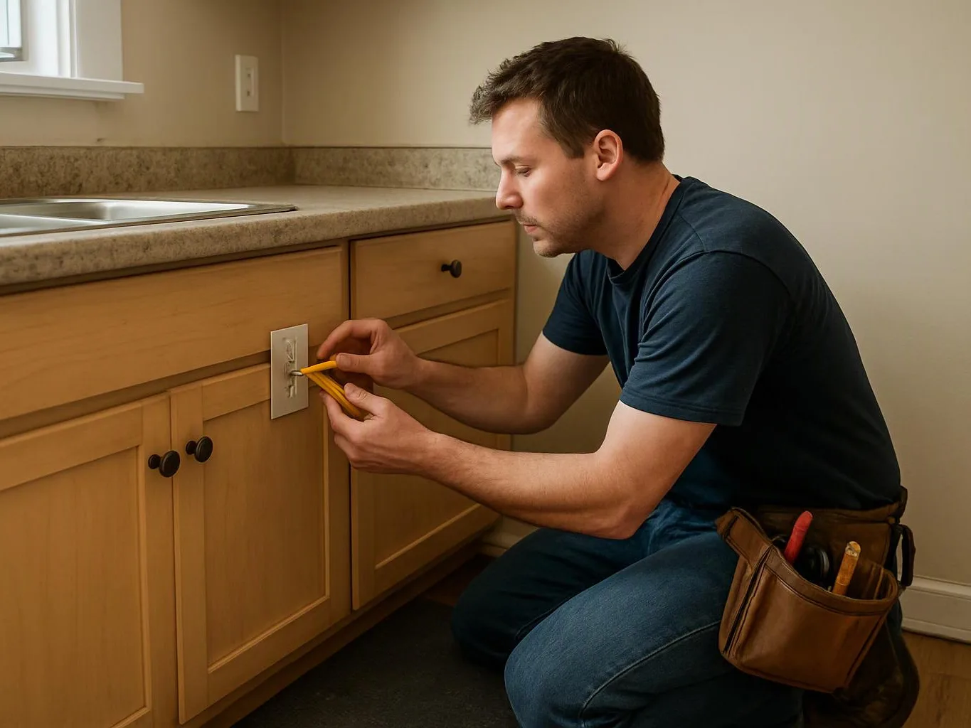 A man kneels by a kitchen cabinet, testing a wall outlet with a yellow tool