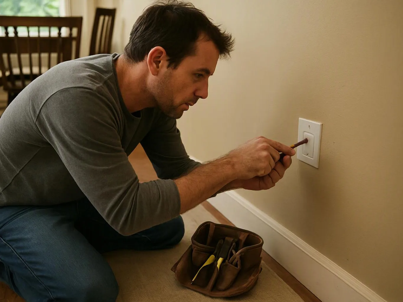 A man kneels by a wall outlet, using a screwdriver while a tool bag sits on the floor beside him