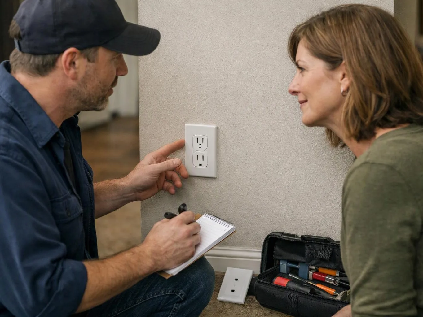 A man kneels by a wall outlet while taking notes, and a woman watches beside a toolbox
