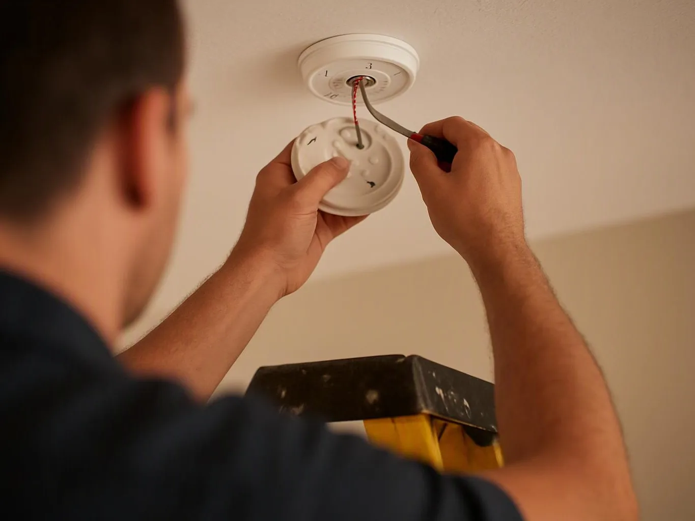 A man on a ladder connects wires to a ceiling smoke detector mount with a screwdriver