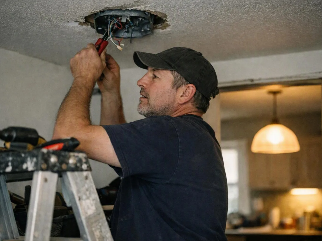 A man on a ladder uses red-handled pliers to work on exposed wiring in a ceiling opening