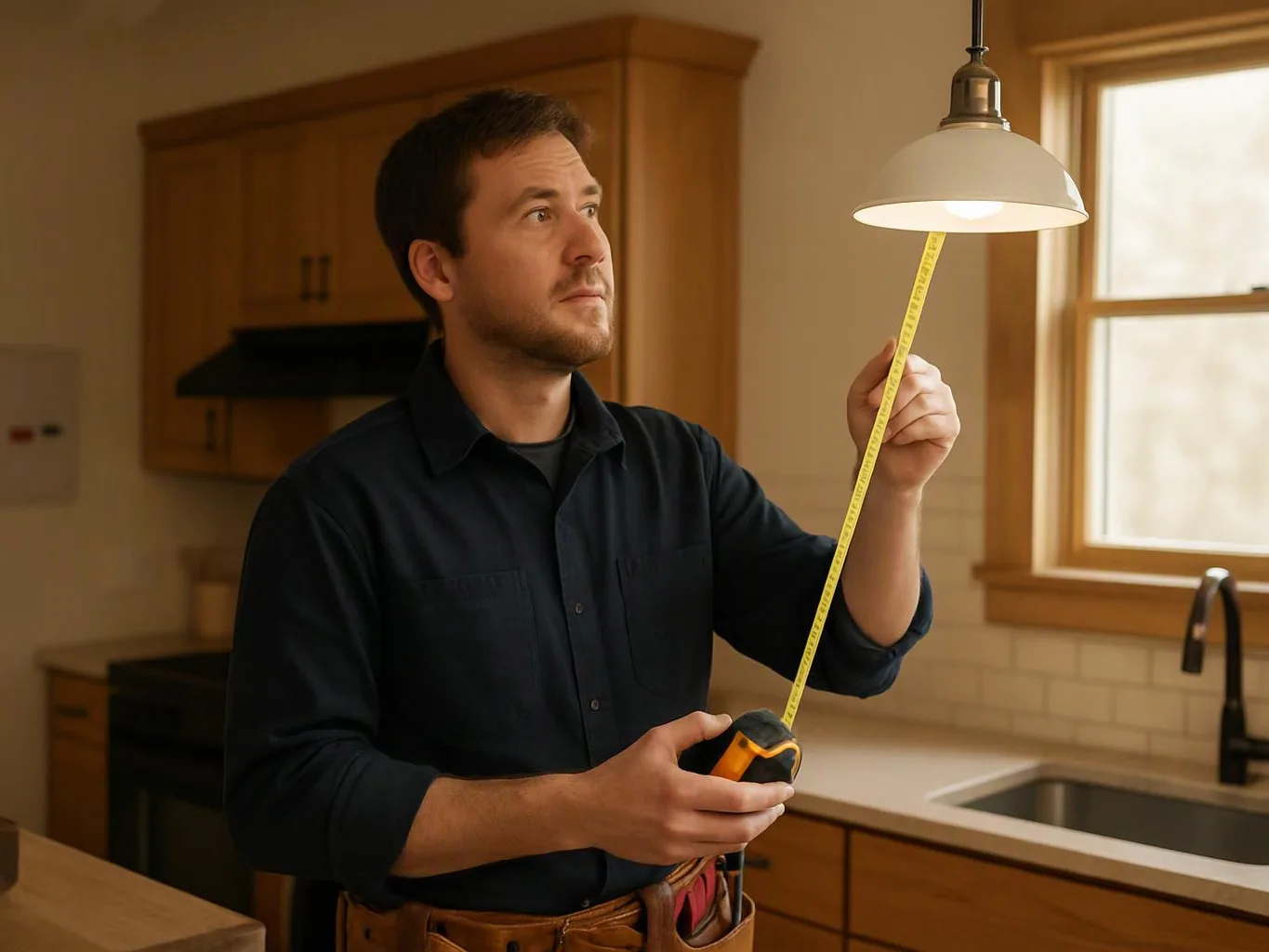 A man measures the hanging pendant light in a sunlit kitchen with a tape measure