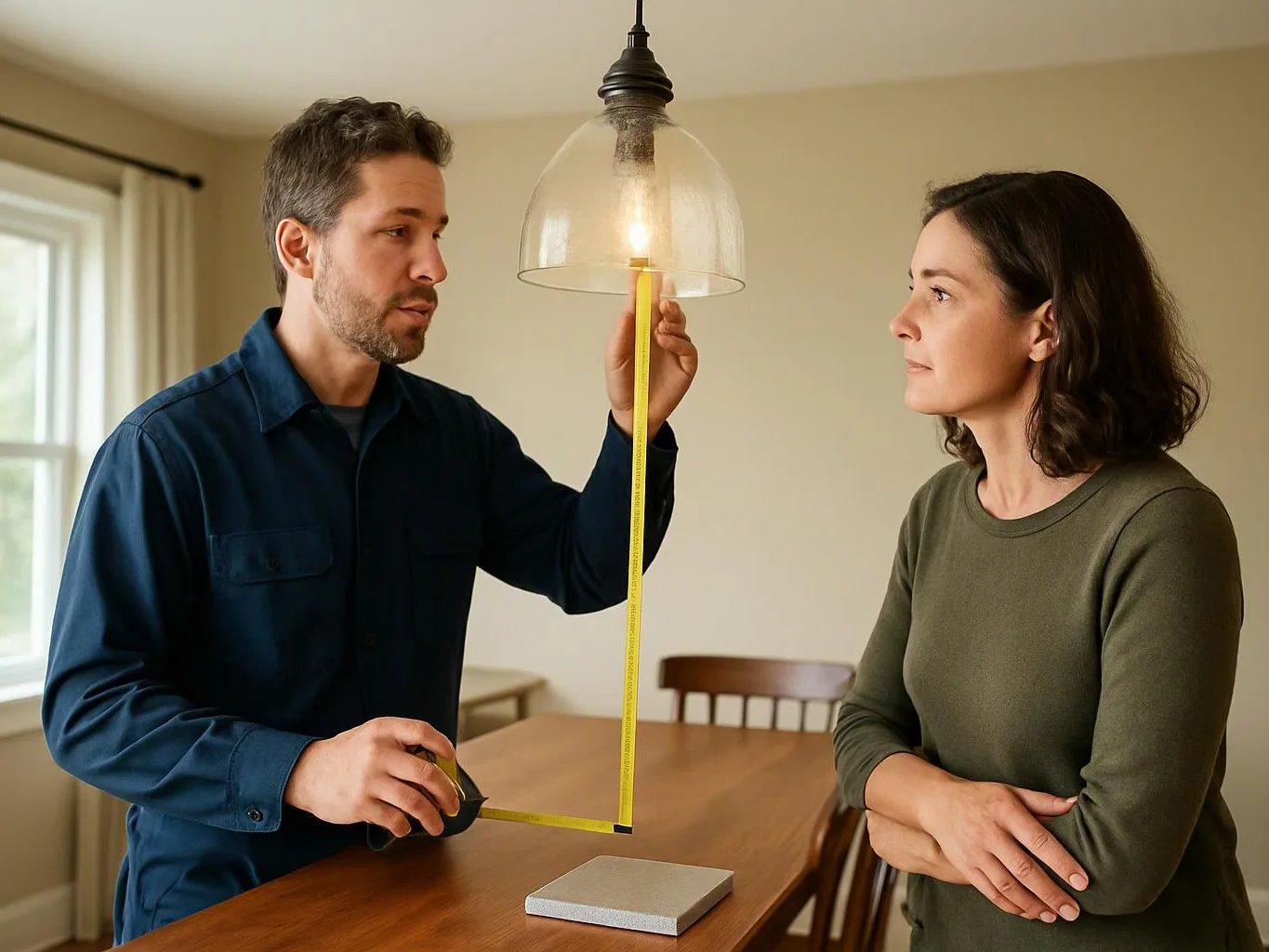 A man measures the height of a hanging light fixture while a woman watches in a dining room