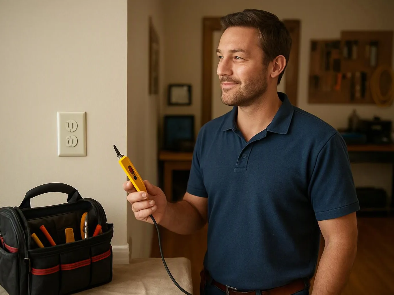A man in a navy polo holds a yellow tester near a wall outlet beside a tool bag in a home interior