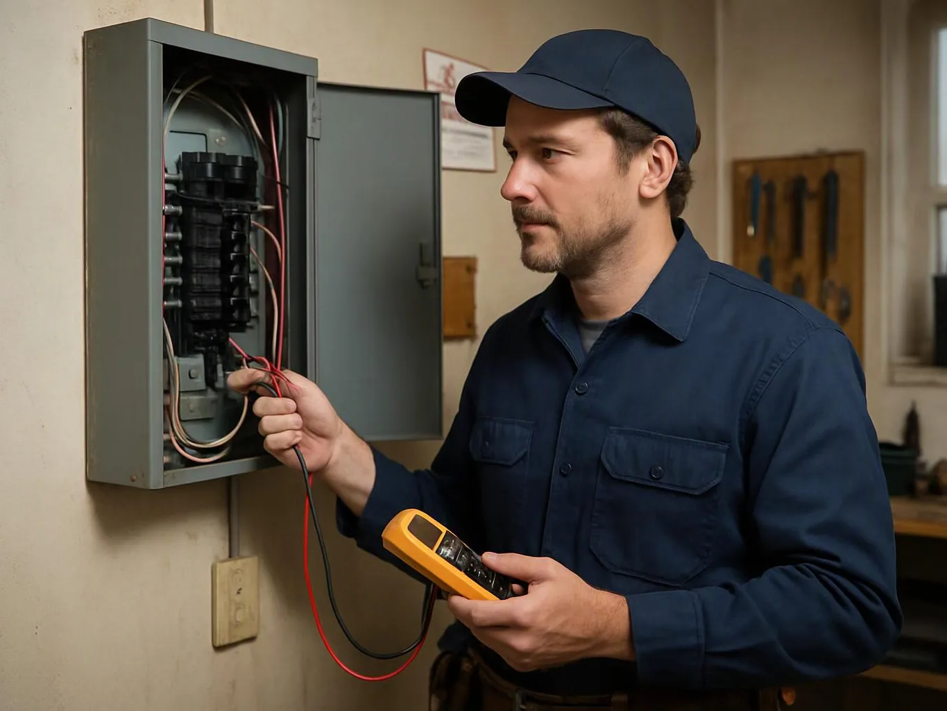 A man in a navy uniform checks wiring inside an open electrical panel with a multimeter indoors