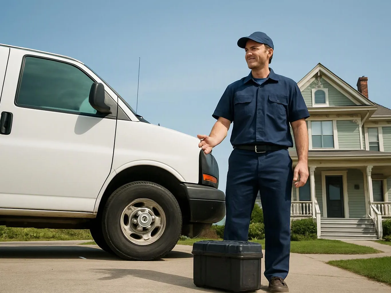 A man in a navy uniform stands beside a white van in front of a house, holding a small black case