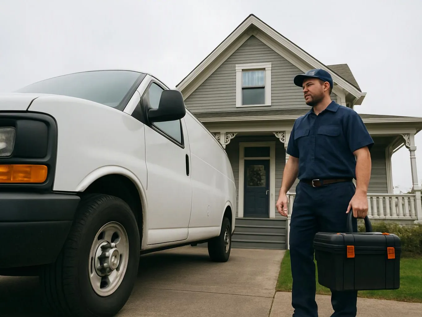 A man in a navy uniform stands beside a white van holding a black toolbox in front of a gray house