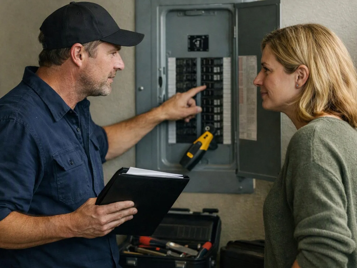 A man points at an open breaker panel while holding a folder and speaking with a woman in a utility room