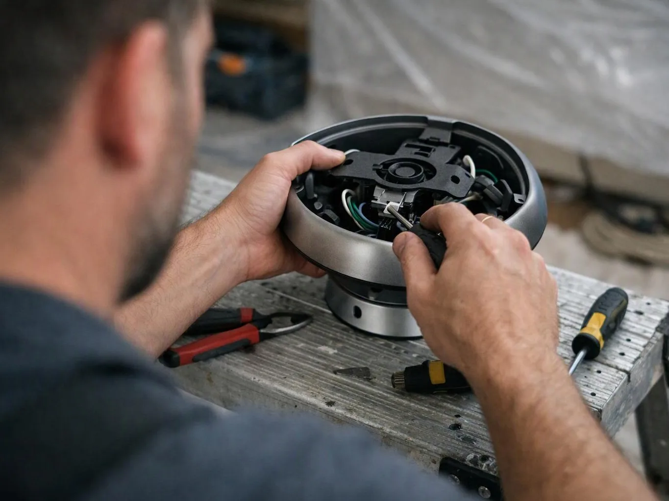 A man repairs a round metal device with exposed wires on a workbench, using small hand tools