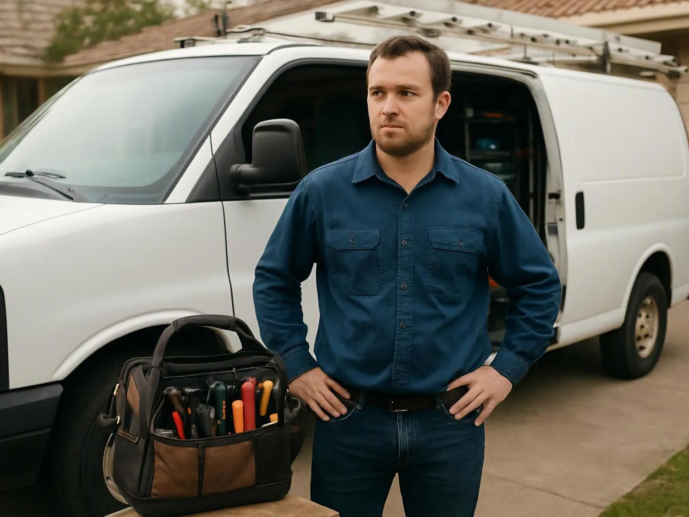 A man stands beside a white work van with a tool bag in front of him on a driveway