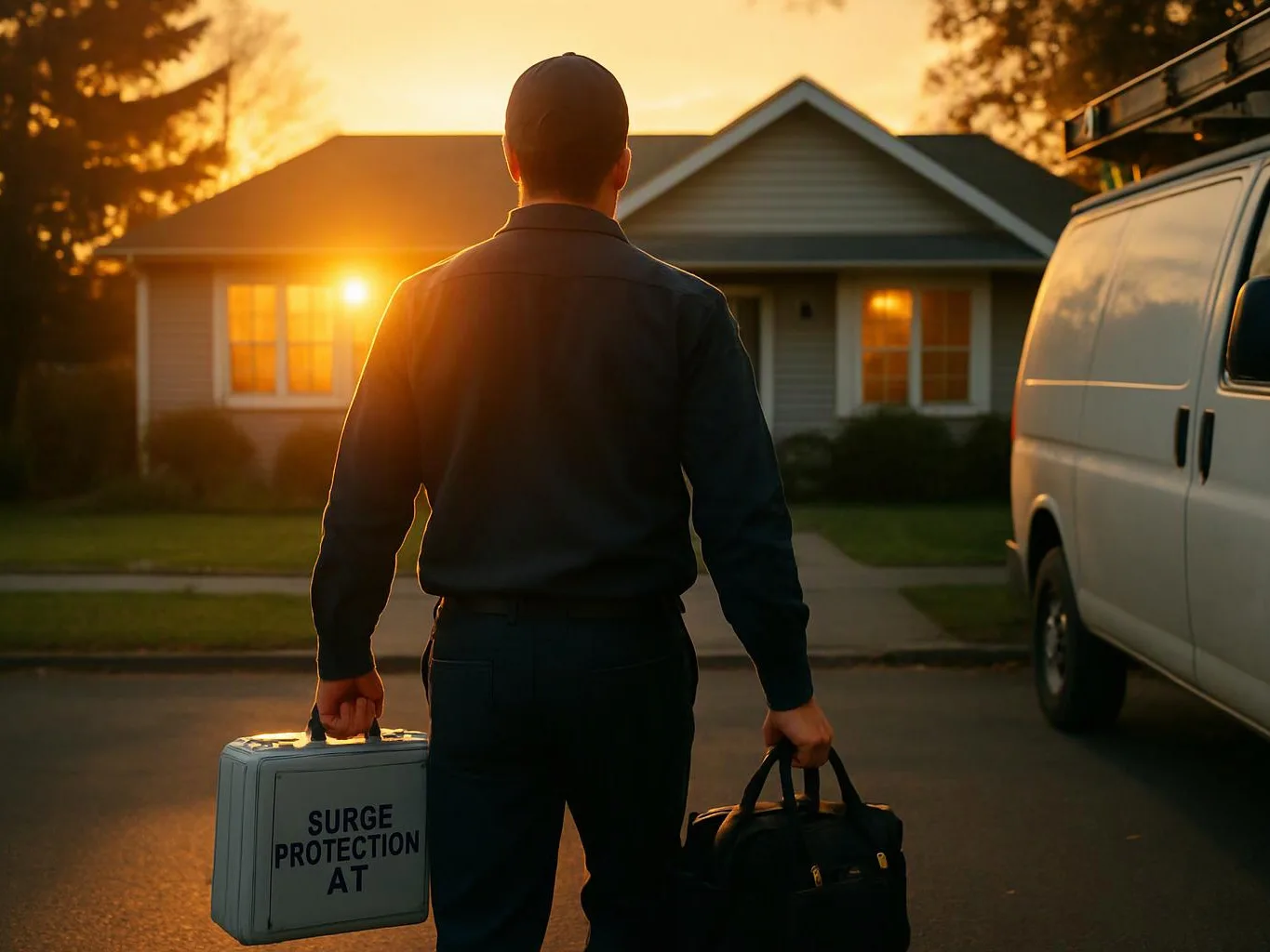 A man stands in a driveway at sunset, holding a metal case and a black bag near a white van
