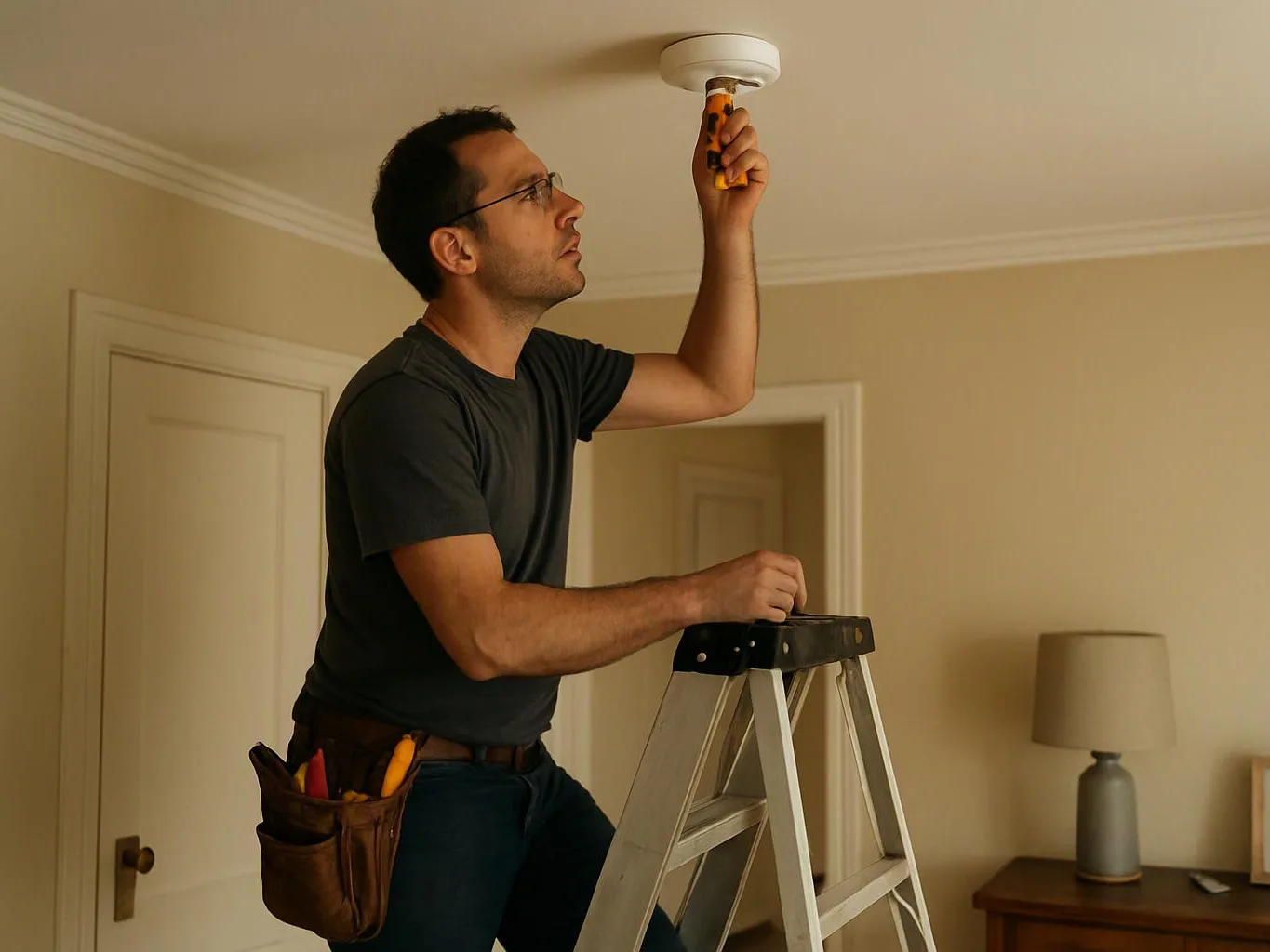 A man stands on a step ladder, adjusting a ceiling light fixture with a screwdriver in a beige room
